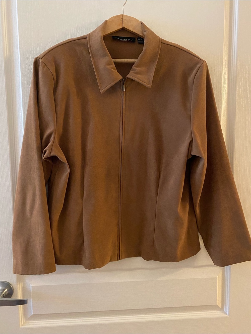vtg BRIGGS NY Faux Suede Zip Up Collared Jacket in Tan - 16W
